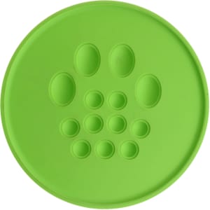 A round green fidget frisbee with textured bump patterns on the surface, featuring a logo in the centre.