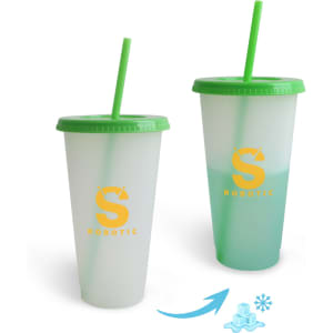 A drink tumbler with a frosted finish, featuring a green lid and straw, changing colour when cold. Includes a logo.