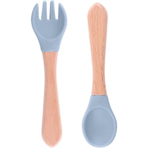 Ergonomic silicone kids cutlery in blue and wood, featuring a fork and spoon design with a comfortable grip.