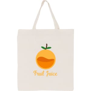 A calico bag in natural colour featuring an orange fruit design with the text "Fruit Juice" and a logo.