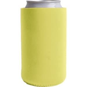 A drink bottle holder in bright green, designed to fit a standard size can, with a logo on the surface.