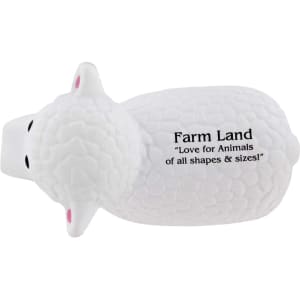 A white sheep-shaped stress reliever with a textured surface and a logo on one side.