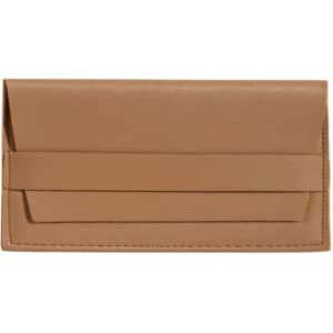 A PU leather glasses pouch in a tan colour, featuring a sleek design and a slot for storage.