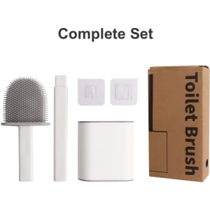 A silicone toilet brush set in white and grey, including a holder, brush, and wall mounts. Box features branding.