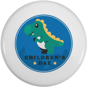 A white frisbee featuring a cartoon dinosaur on a blue background, with a circular graphic design.