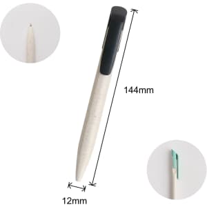 A Wheat Straw Click Pen with a beige body and a black clip, measuring 144mm in length and 12mm in diameter.