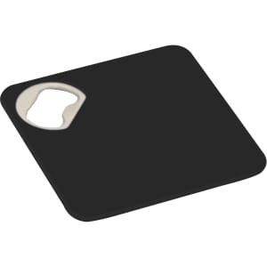 A black square coaster bottle opener with a metal opening section and a smooth surface. It has a logo.