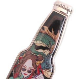 A drink bottle-shaped fridge magnet with detailed artwork, featuring vibrant colours and a metallic finish.