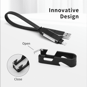A black 60W charging cable featuring a phone stand and opener, with a sleek, innovative design.