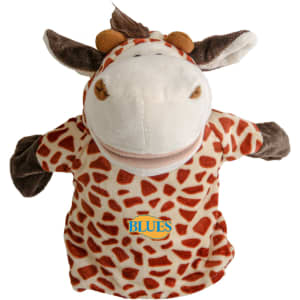 A plush giraffe hand puppet featuring a spotted pattern in brown and beige, with a friendly face and fabric ears.