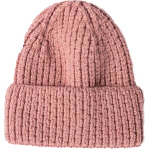 A pink twisted cable cuffed beanie with a ribbed texture and a folded cuff. It features a logo.