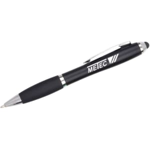 A black stylus pen with a silver clip and tip, featuring a branding logo.