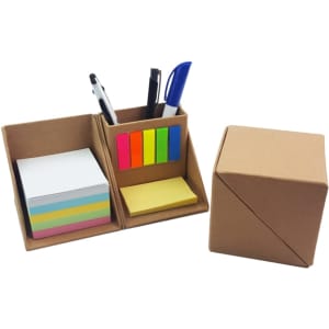 A Cube Memo Set featuring colourful sticky notes, highlighters, and pens in a card holder, with a kraft paper exterior.