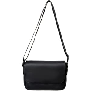 A black polyurethane shoulder bag with a long strap and a flap closure, featuring a logo on the front.