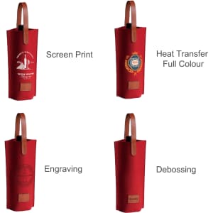 A red felt wine bag with various branding options and leather handles. It features multiple designs for decoration.