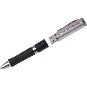 A silver and black pen with a USB flash drive feature, featuring a sleek design and a logo on the side.