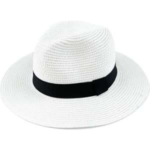 A white sun hat with a black band, featuring a wide brim and a smooth texture. It has a logo on the inside.