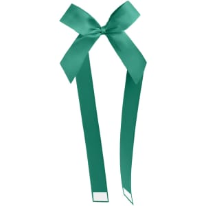 A teal adhesive ribbon bow with two long tails, featuring a glossy finish. The product includes a branding logo.