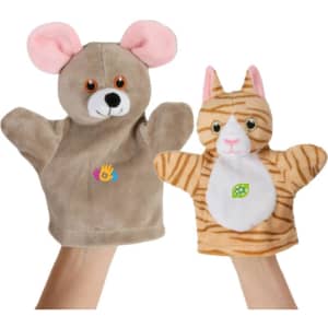 Two custom shape hand puppets, one brown mouse with pink ears and one orange striped cat with a white belly. Both have branding.