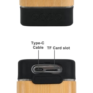 A bamboo Bluetooth wireless speaker with a black base, featuring buttons and ports for Type-C cable and TF card.