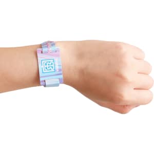 A multicoloured RPET fabric wristband with RFID card, featuring a logo, worn on a person's wrist.