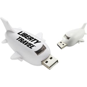 A white aircraft-shaped flash drive with a small matching design, featuring a logo on its side.