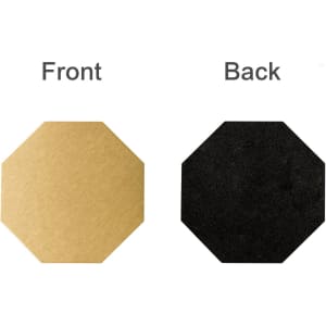 An octagonal metal coaster featuring a gold front and a black back, with a logo on one side.