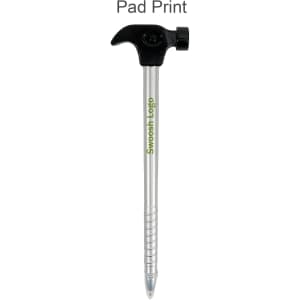 A hammer-shaped ballpoint pen with a silver barrel and a black top, featuring a logo.