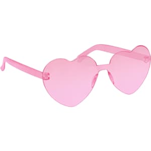 Heart-shaped sunglasses in a vibrant pink colour with transparent frames. Features a logo on the side.