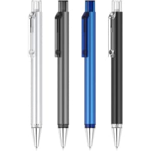 A collection of four Flat Pens in silver, grey, blue, and black, each with a clip and a clear accent.