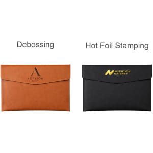 A PU leather A4 file bag in tan with debossing and a black file bag with hot foil stamping, featuring a logo.