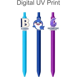 Three custom acrylic pens in blue, dark blue, and purple, featuring various printed designs and a logo.