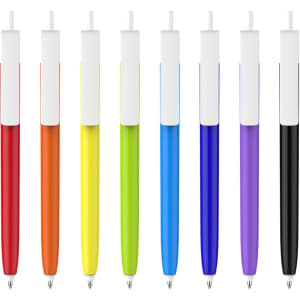 A row of push button pens with colour barrels in red, orange, yellow, green, blue, purple, and black, featuring creamy white caps.