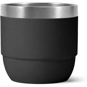 A drink bottle in matte black with a stainless steel rim and a sleek, stackable design. It features a logo.