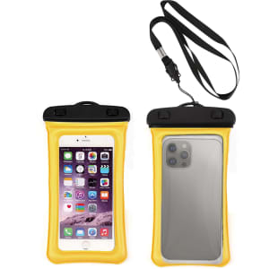 A waterproof universal cellphone dry bag in bright yellow with a black top and attached lanyard. It contains a smartphone.