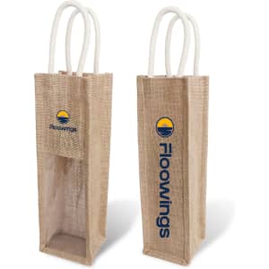 A jute wine carrier in natural colour featuring a clear window and two handles, with a logo on one side.