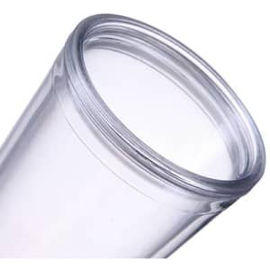 A clear plastic cup with a lid and straw, featuring a smooth rim and a glossy finish.