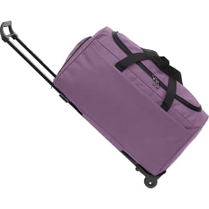 A wheeled duffel bag in a vibrant purple shade, featuring a retractable handle and black accents.
