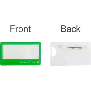 A green and white custom reusable acrylic name badge, featuring a pin on the back for attachment.