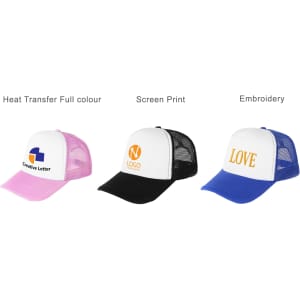 A 5 Panel Trucker Cap in pink, black, and blue, each with a logo on the front and mesh panels at the back.