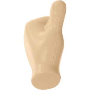 A beige, thumb-shaped stress reliever with a smooth surface and a rounded base. It features a simple design and no text.