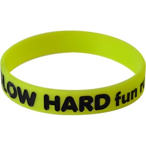 A bright yellow silicon wristband featuring black debossed text and a logo. Suitable for exhibitions and events.