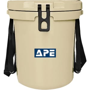 A 15L ice bucket in a cream colour featuring a black strap and a logo on the front.