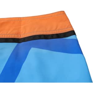 Knee-length swim shorts in blue and orange, featuring a sleek design with a waistband and a logo.