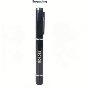 A USB memory pen in black with a sleek design, featuring a clip and an engraving area.