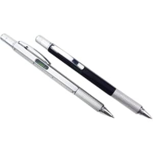 A set of two metal pens, one silver with a ruler and level, the other black with a sleek design. Each has a logo.