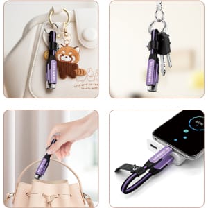 A 6-in-1 braided charging cable in purple, attached to a keyring and shown with a handbag and other items.