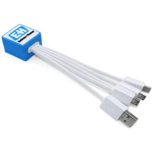 A customised blue PVC cable with four white charging cables attached, featuring a logo on the connector block.