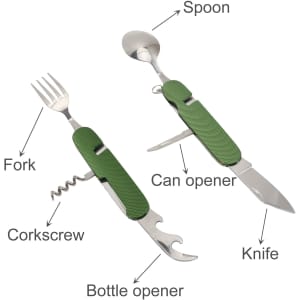 A green multi-tool featuring a fork, knife, spoon, can opener, corkscrew, and bottle opener.