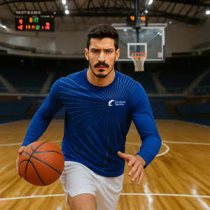 A man wearing a blue long-sleeve shirt and white shorts is dribbling a basketball on a court. The shirt has a logo.